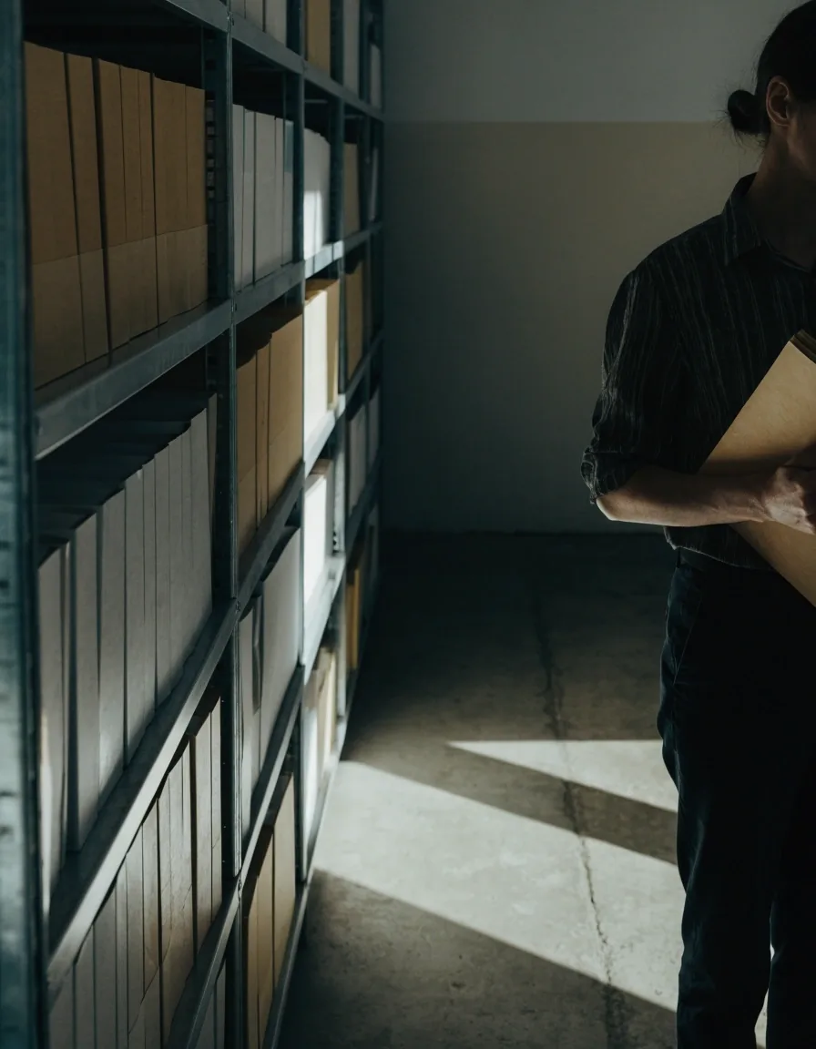 A consultant at the intake desk in a quiet records room, reviewing a client document