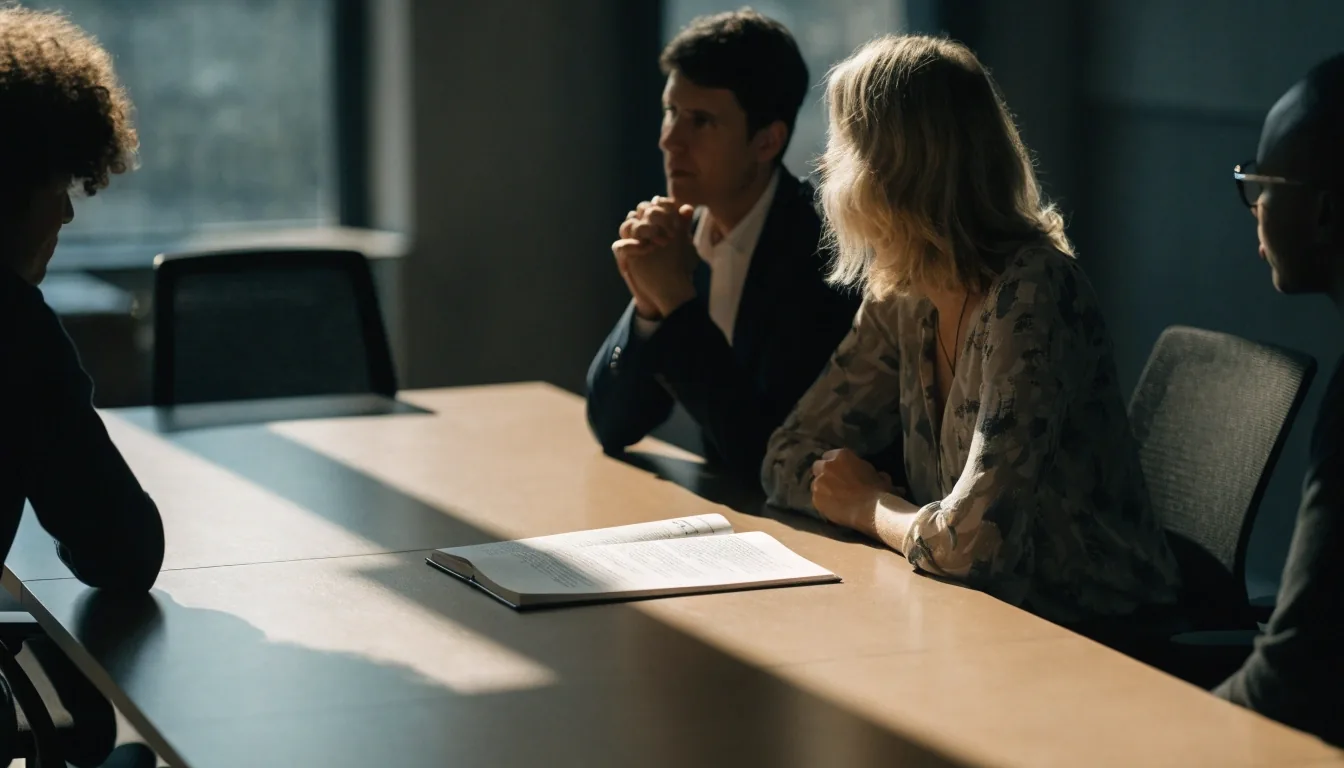 Client-side conference room mid-discussion during a case review