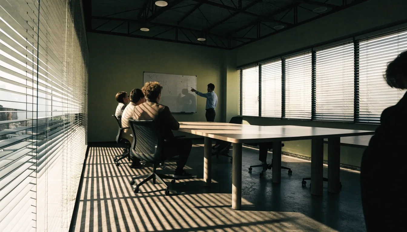 Consultant and client reviewing a scoped document and printed layout sheets at a studio desk