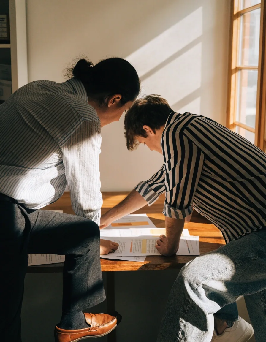 Consultant and client reviewing a scoped document together at a desk