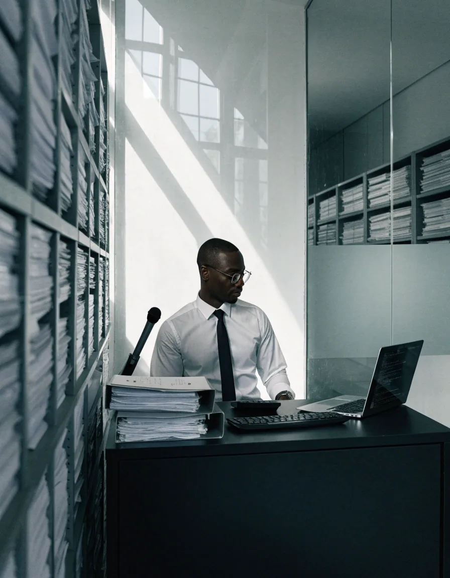 Partner at the intake desk in an otherwise empty records room under cool daylight