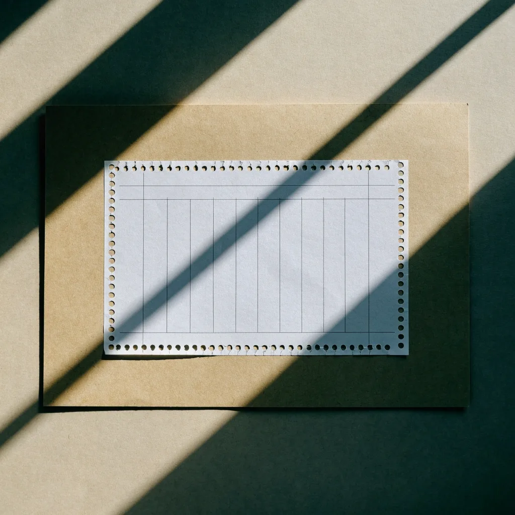 Printed policy sheet with a pale column grid and cut punch apertures resting on a manila card surface in hard noon light