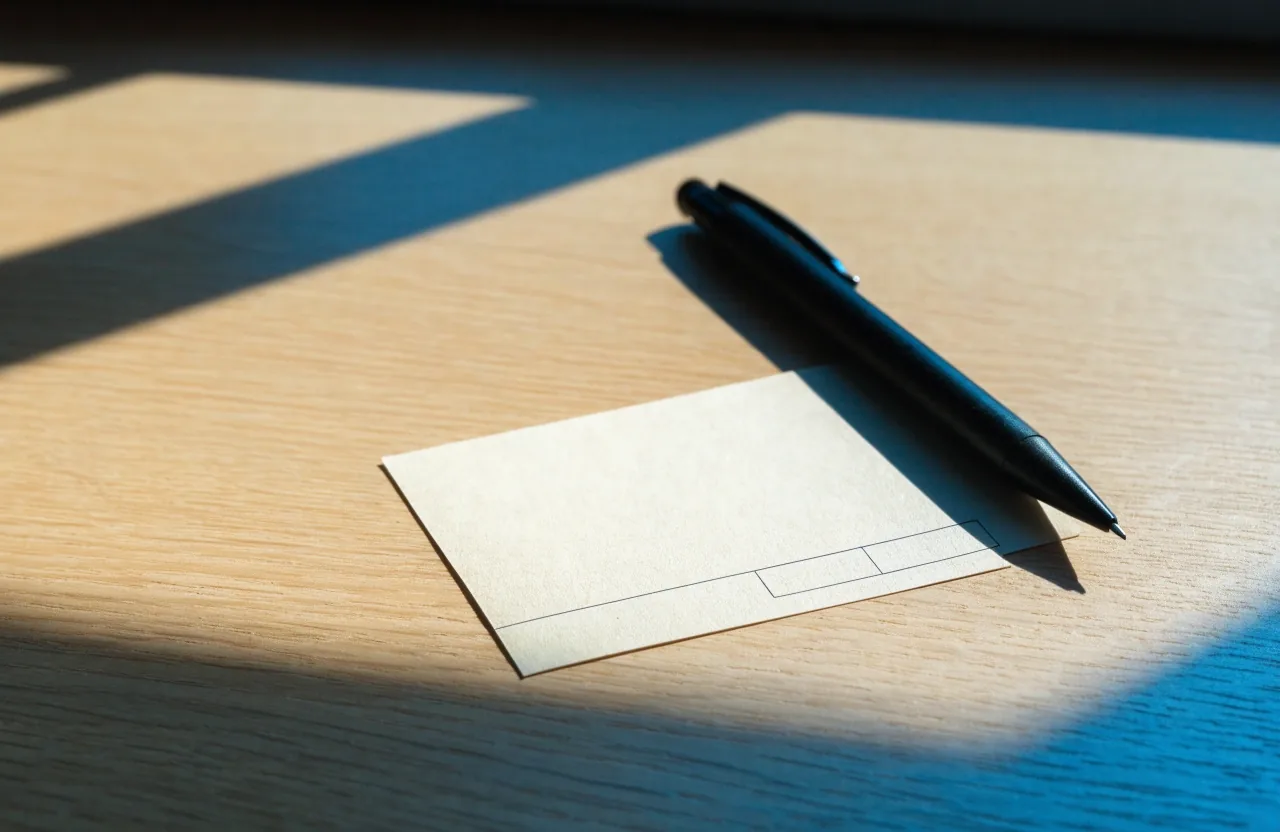 Printed line on a manila card ending in an empty continuation box with a pen resting beside it under cool daylight
