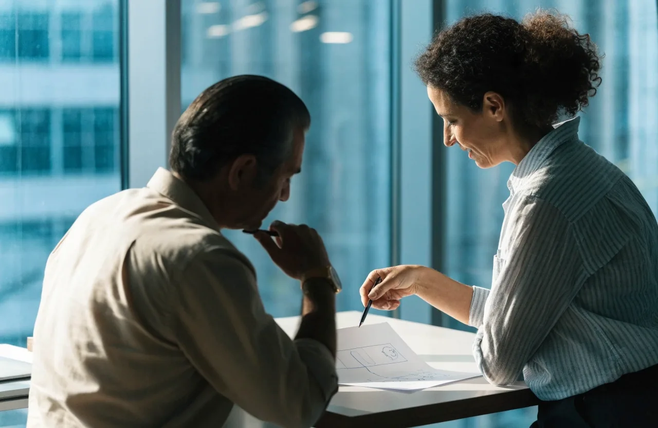 A consultant and a client reviewing a scoped document together at a desk in a bright office