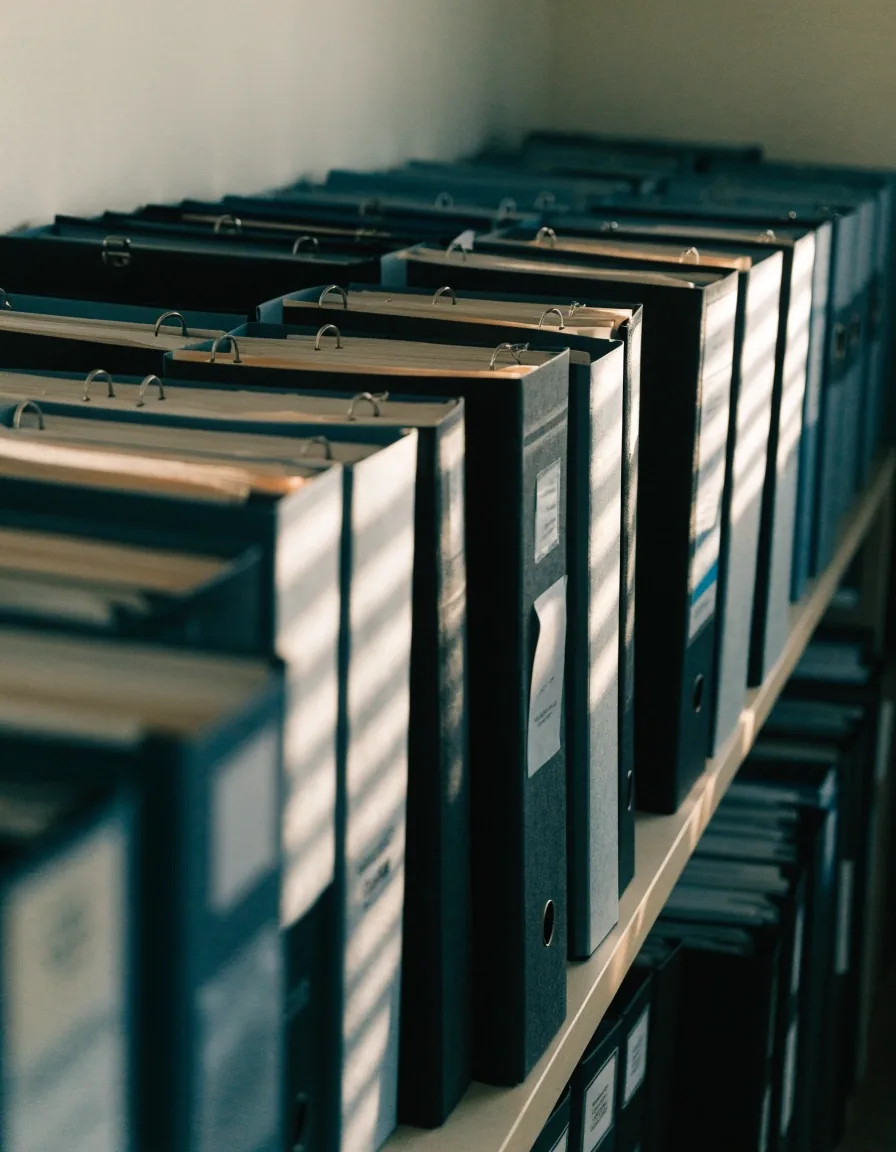 Case-study binders lined along a shelf in a quiet records room under side light
