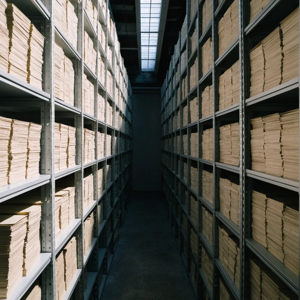 A row of folders on a records shelf receding in perspective under cool daylight