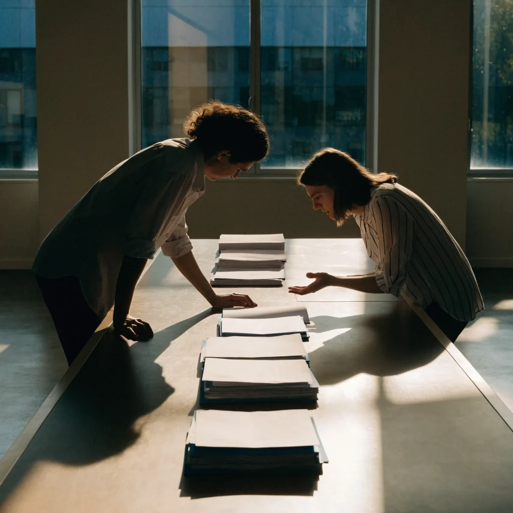 Two people discussing a spread of folders in a conference room, seen wide from the end of the table