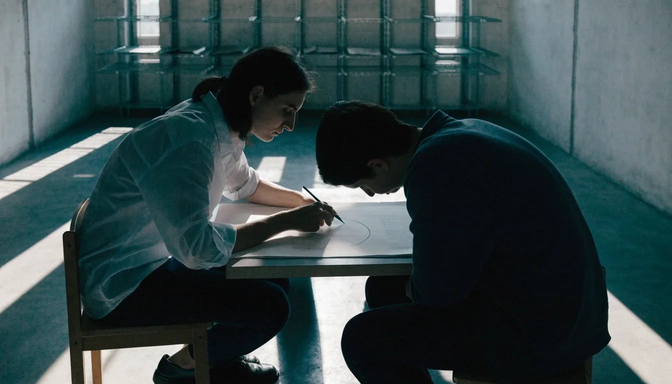 A consultant and a client working through a scoped document together across a table in a bare records room