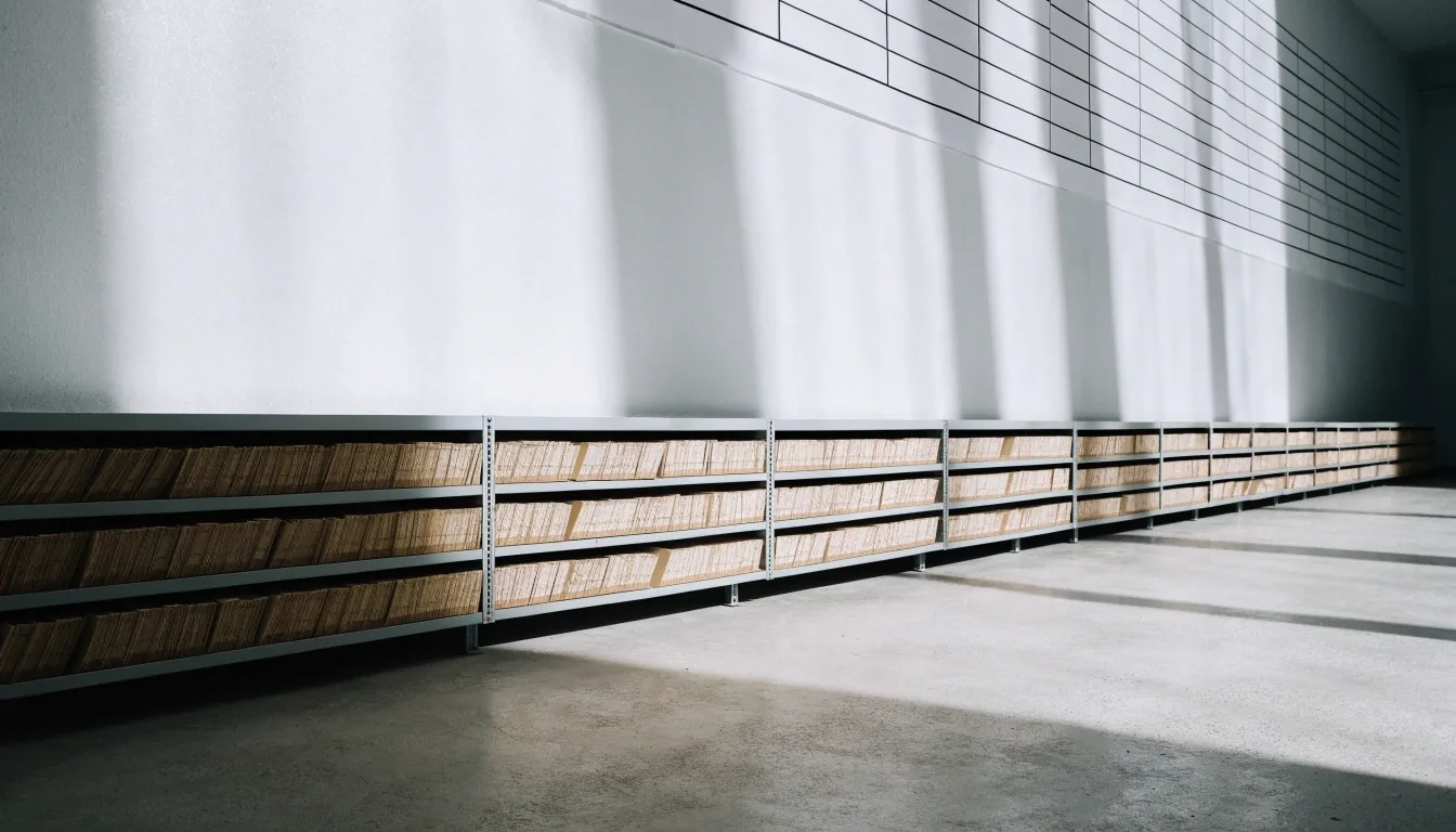 A pale records room under hard cool daylight, card-file drawers receding in perspective and punch apertures cut through a printed sheet