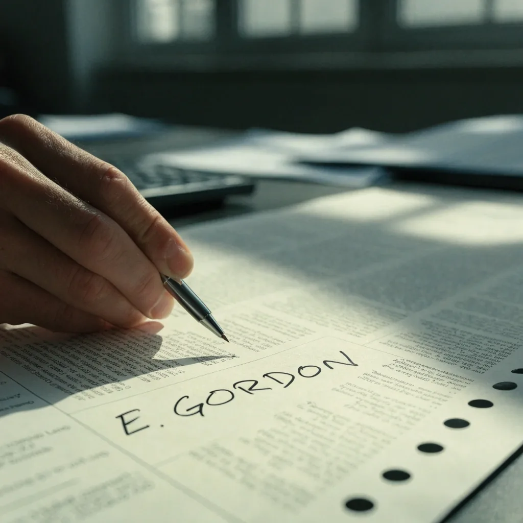A hand finishing a signature on a pale printed sheet with a column grid and punch apertures, under hard cool daylight