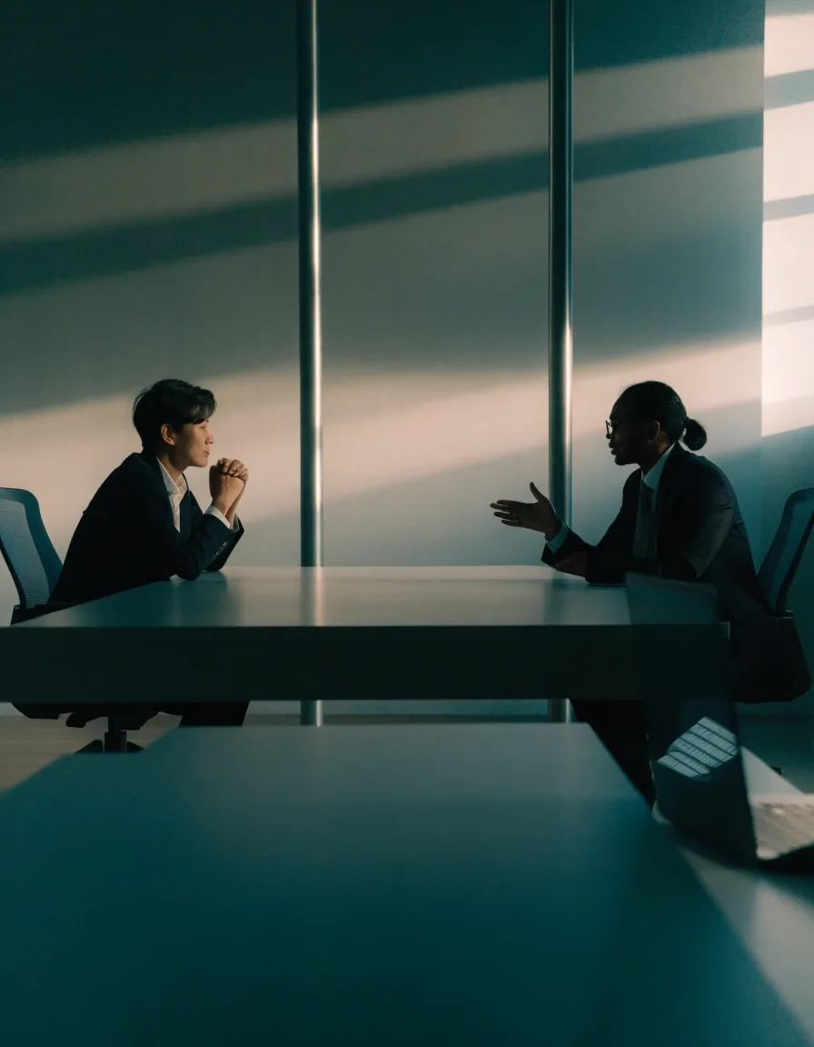 Two professionals in a client-side conference room mid-discussion across a matte table, seen in a wide letterbox crop