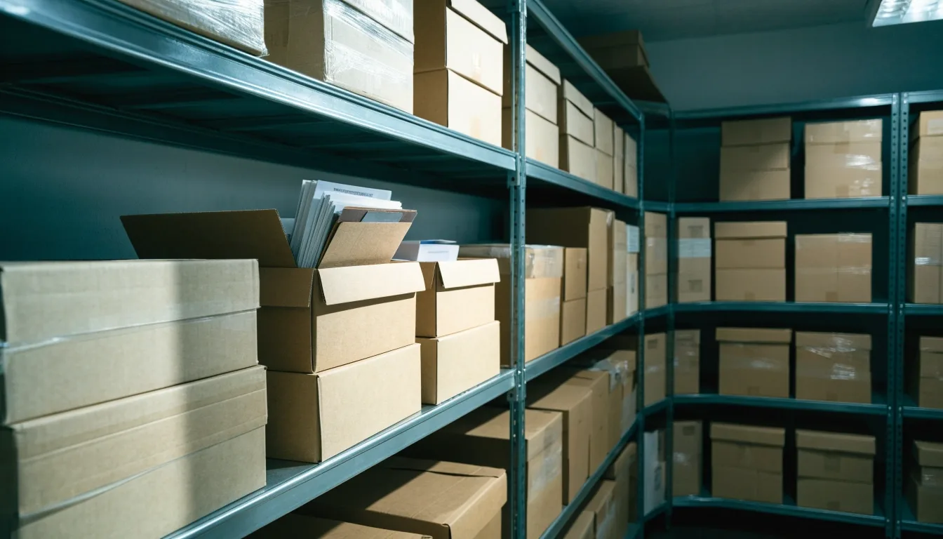 A row of bound case binders on a shelf receding in perspective under cool side light