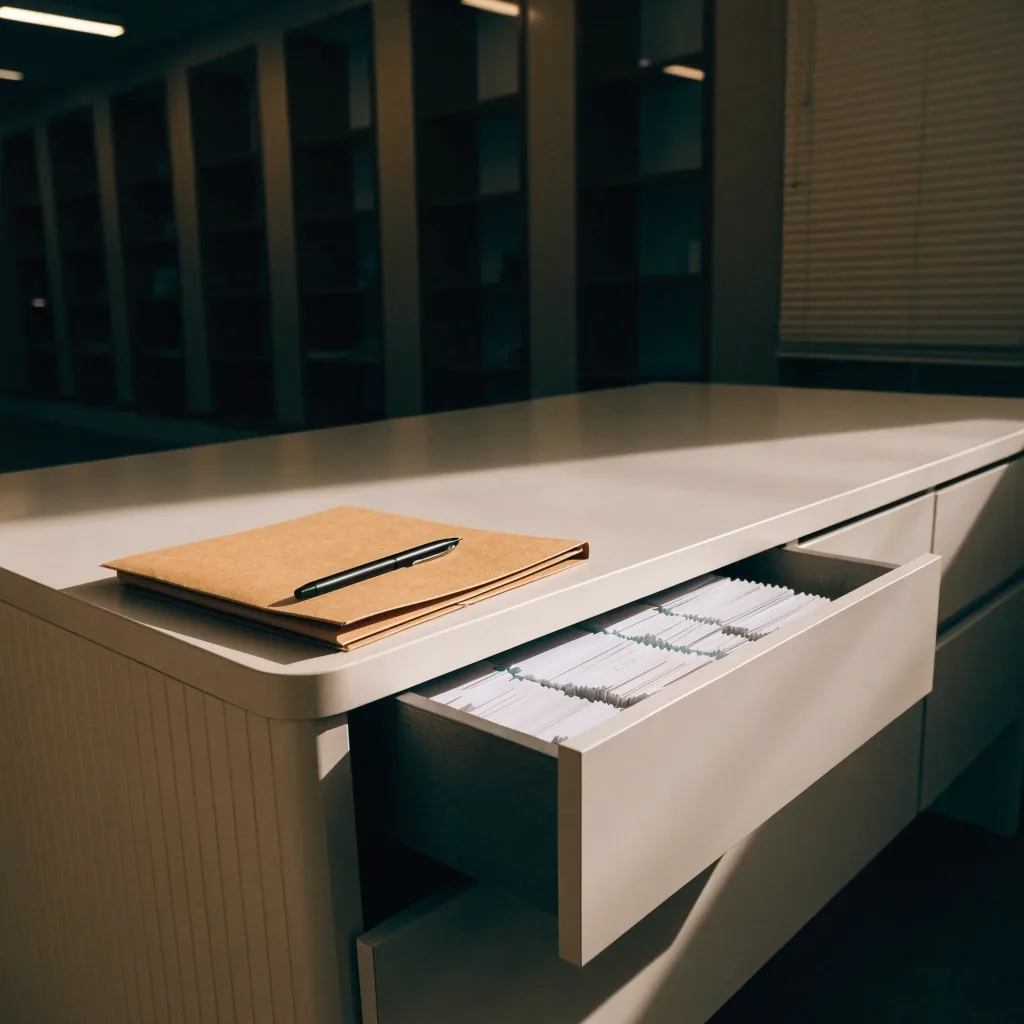 An intake desk in an empty records room with a closed folder squared to the edge in late afternoon light