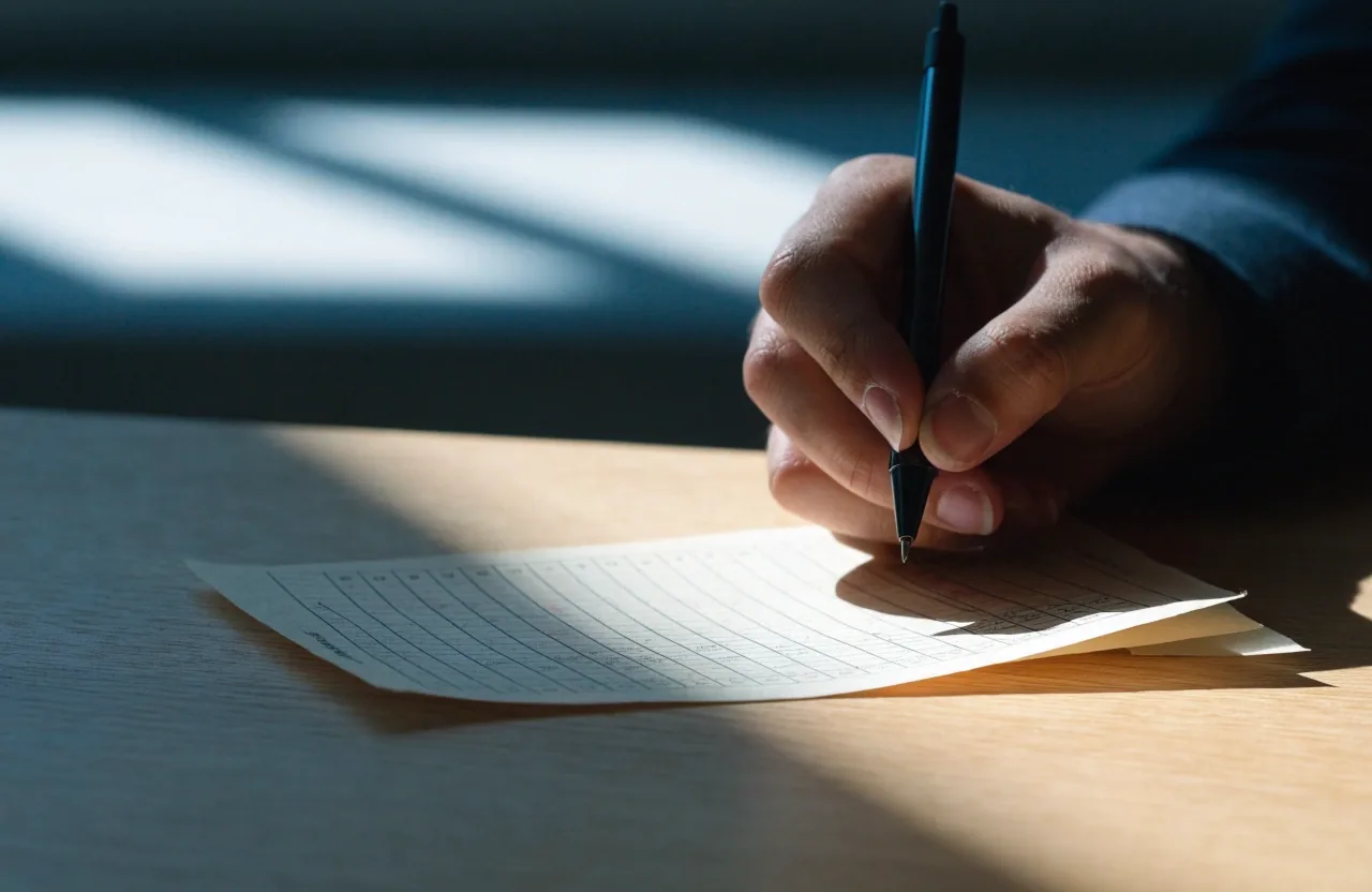 Hand finishing a signature on a plain engagement sheet at a signing desk